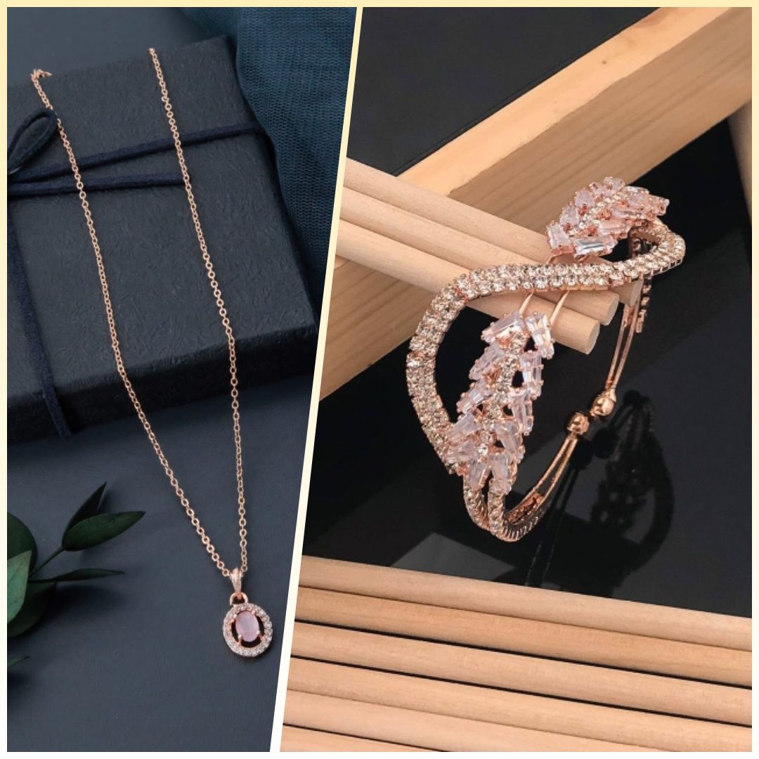 Excellent Rose Gold Necklace for Women And Girls (3) & Rose Gold daimond brecelet (COMBO PACK OF 2 PIC)