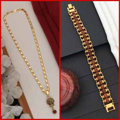 OM Fancy Gold Plated Long CHAIN-PENDANLE & Gold Rudraksha Bracelet  For Man's and Boy's (COMBO PACK OF 2 PIC)