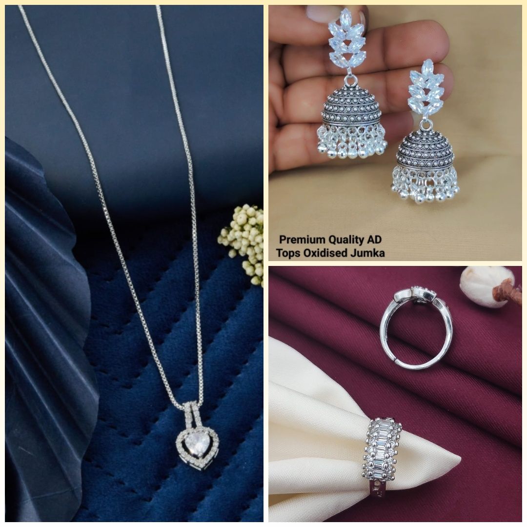 fancy Sliver A.D Chain Pendant For Girls And Women's (1) & Silver Diamond Oxidised Earrings Jhumka (9) & AD Stone Silver Free Size Finger Ring (COMBO PACK OF 2 PIC & 1 PAIRS)