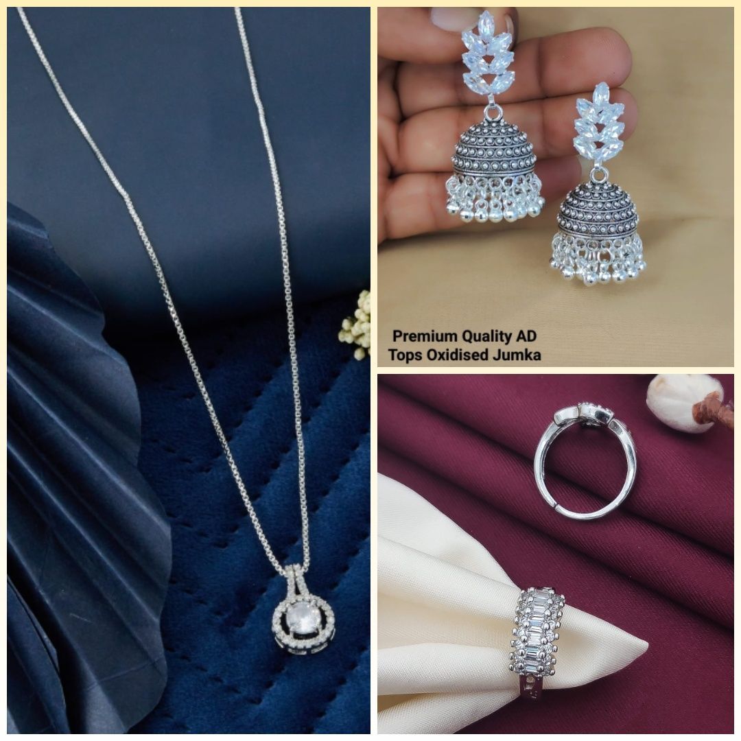 fancy Sliver A.D Chain Pendant For Girls And Women's (2) & Silver Diamond Oxidised Earrings Jhumka (9) & AD Stone Silver Free Size Finger Ring (COMBO PACK OF 2 PIC & 1 PAIRS)