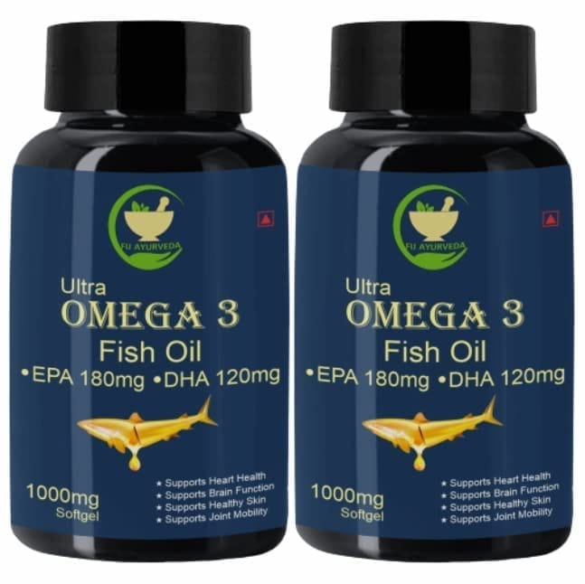 FIJ AYURVEDA Ultra Omega 3 Fish Oil - 1000mg (180 mg EPA & 120 mg DHA) Omega 3 Fish Oil | Fatty Acid | Supports Healthy Heart, Brain, Better Skin, Bones, Joint & Eye Care � 60 Softget Capsules (Pack of 2)