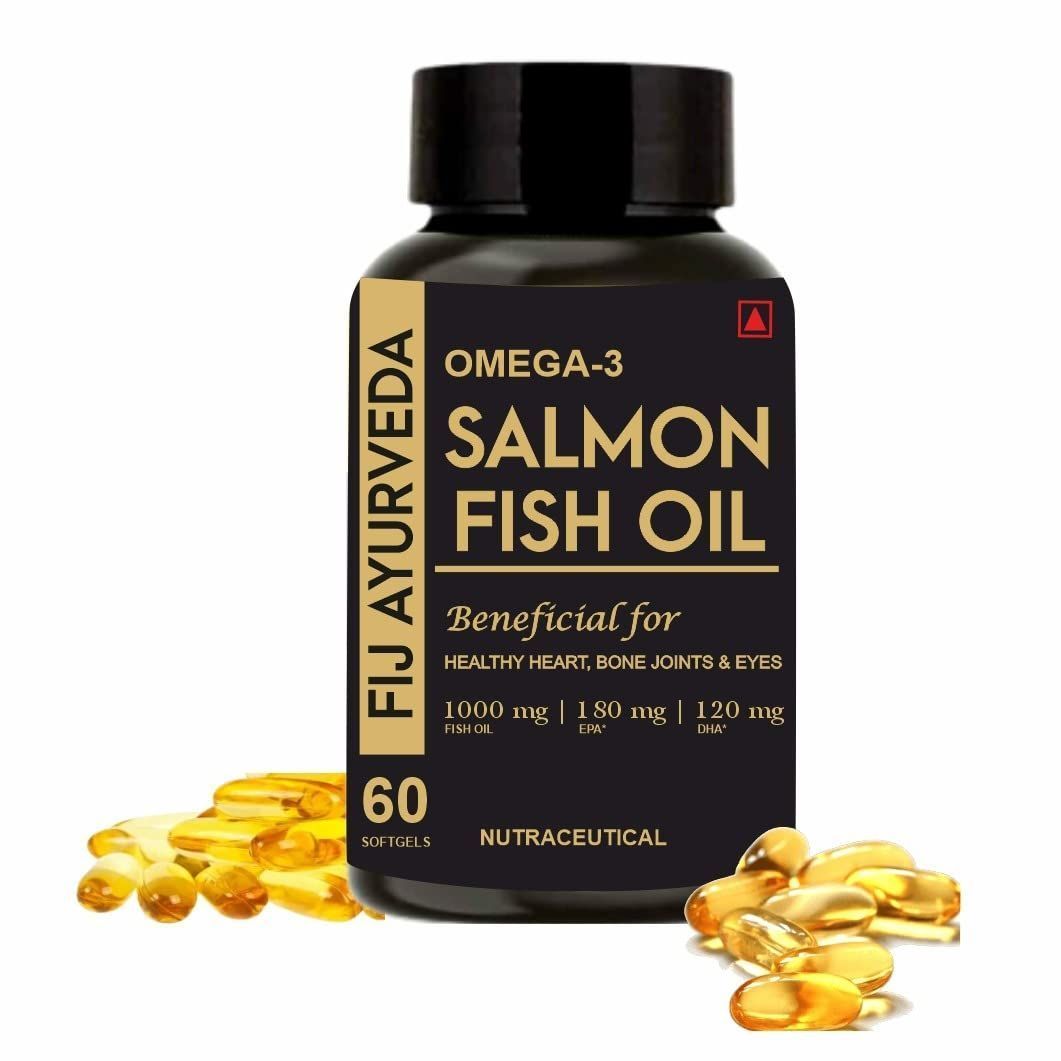 FIJ AYURVEDA Omega 3 Salmon Fish Oil Capsule for Men & Women |1000mg Omega 3 with 180 mg EPA & 120 mg DHA | | Omega 3 Fish Oil Supports Healthy Heart, Brain & Bones - 60 Softgels Pack of 1