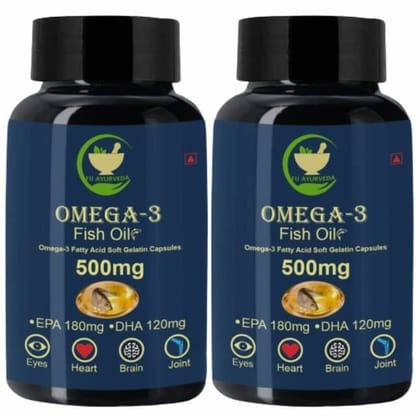 FIJ AYURVEDA Omega 3 Fish Oil (180 mg EPA & 120 mg DHA) Omega 3 Fish Oil | Fatty Acid | Supports Healthy Heart, Brain, Better Skin, Bones, Joint & Eye Care for Men & Women � 500mg 60 Softget Capsules (Pack of 2)