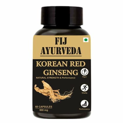 FIJ AYURVEDA Korean Red Ginseng Root Extract Dietary Supplement | Strength, Stamina & Energy � 500mg 60 Capsules (Pack of 1)