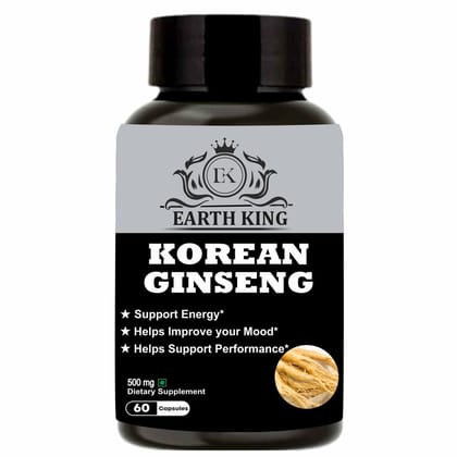 EARTH KING Korean Ginseng Capsule | Red Ginseng | Root Extract | Dietary Supplement | Strength, Stamina & Energy � 500mg 60 Capsules (Pack of 1).