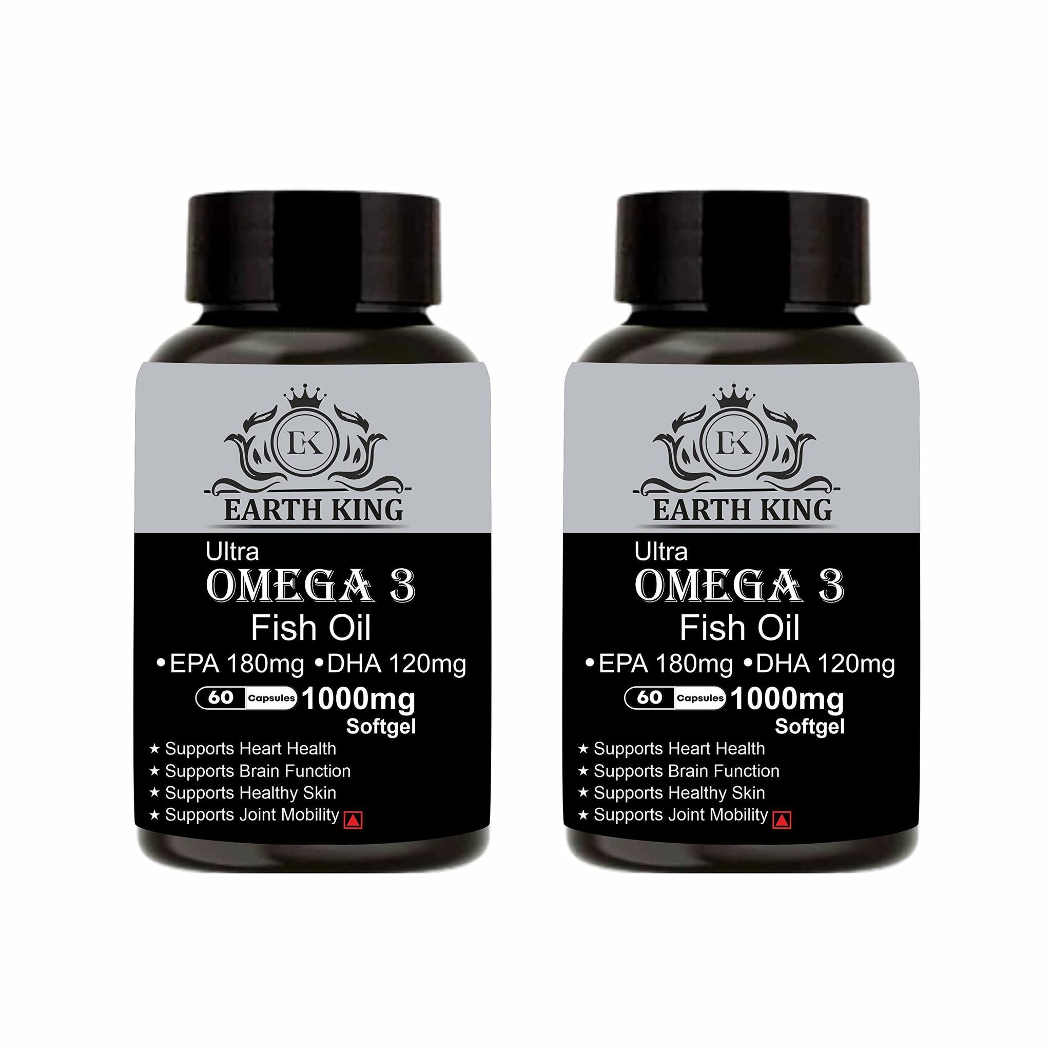 EARTH KING Ultra Omega 3 Fish Oil - 1000mg (180 mg EPA & 120 mg DHA) Omega 3 Fish Oil | Fatty Acid | Supports Healthy Heart, Brain, Better Skin, Bones, Joint & Eye Care � 60 Softgel Capsules (Pack of 2)