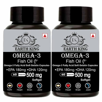 EARTH KING Omega 3 Fish Oil (180 mg EPA & 120 mg DHA) Omega 3 Fish Oil | Fatty Acid | Supports Healthy Heart, Brain, Better Skin, Bones, Joint & Eye Care for Men & Women � 500mg 60 Softget Capsules (Pack of 2)