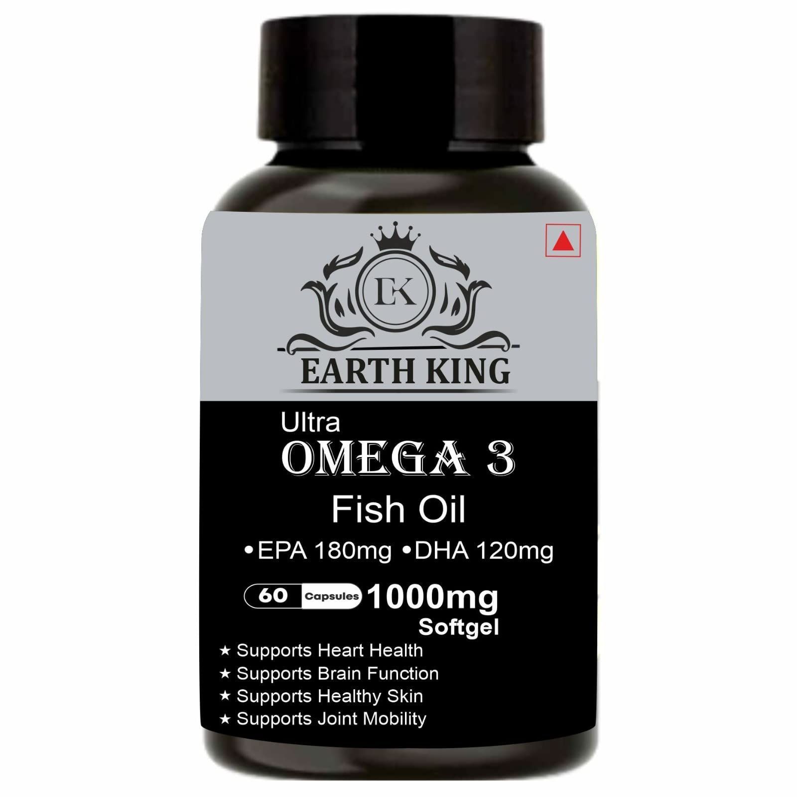 EARTH KING Ultra Omega 3 Fish Oil - 1000mg (180 mg EPA & 120 mg DHA) Omega 3 Fish Oil | Fatty Acid | Supports Healthy Heart, Brain, Better Skin, Bones, Joint & Eye Care � 60 Softgel Capsules