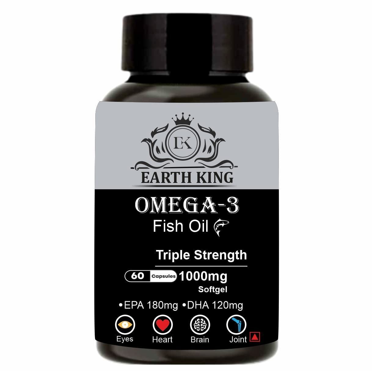 EARTH KING Triple Strength Omega 3 Fish Oil - 1000mg (180 mg EPA & 120 mg DHA) Omega 3 Fish Oil | Fatty Acid | Supports Healthy Heart, Brain, Better Skin, Bones, Joint & Eye Care � 60 Softgel Capsules