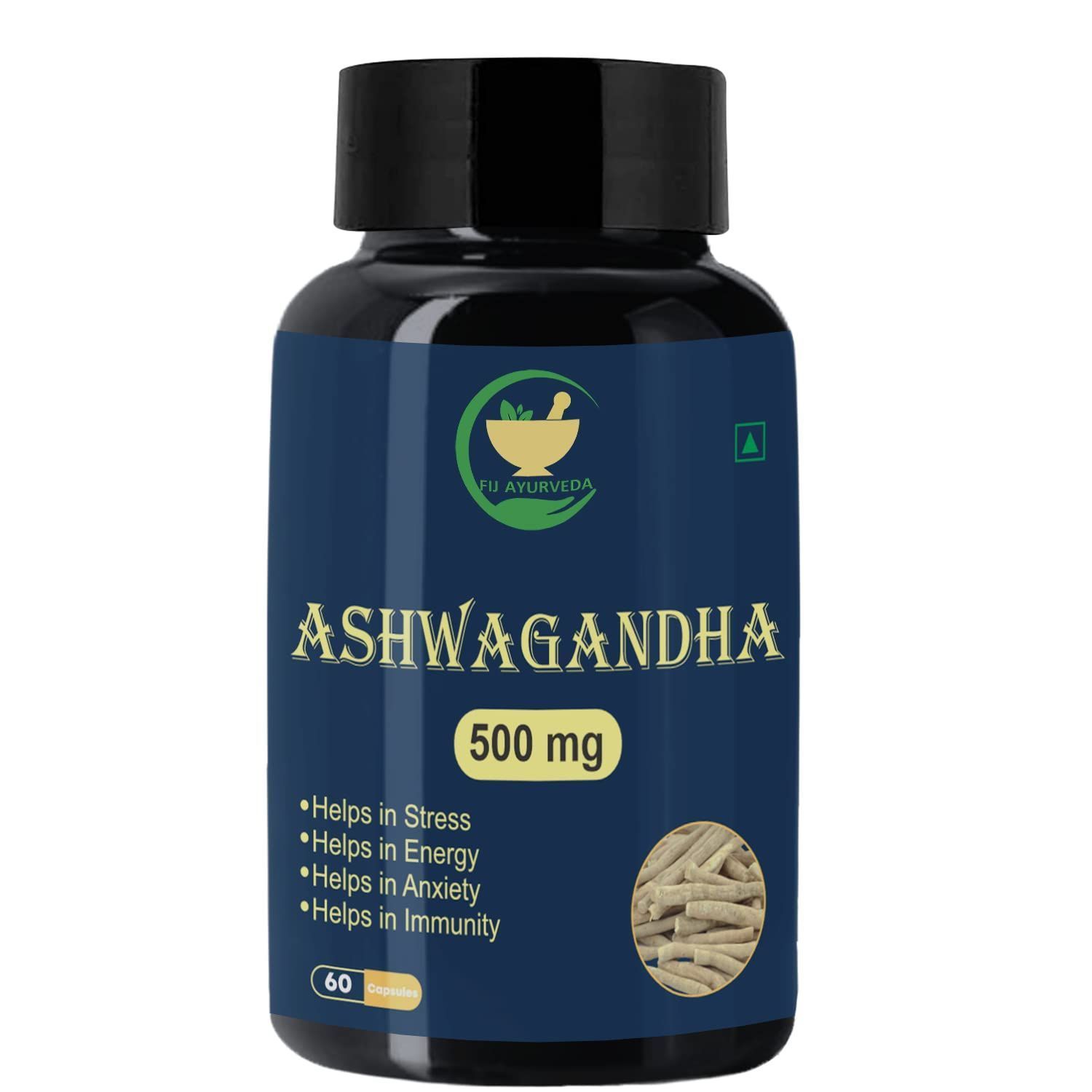 FIJ AYURVEDA Ashwagandha Capsule Helps in Anxiety & Stress Relief for Men & Women - 500mg 60 Capsules