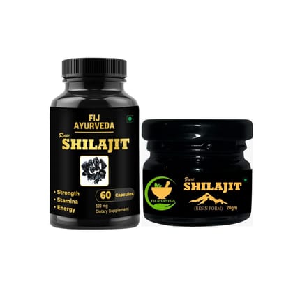 FIJ AYURVEDA Pure Shilajit/Shilajeet Resin 20Gm | Shudh Shilajit | with Raw Shilajit Capsule � 60 Capsules (Combo Pack)