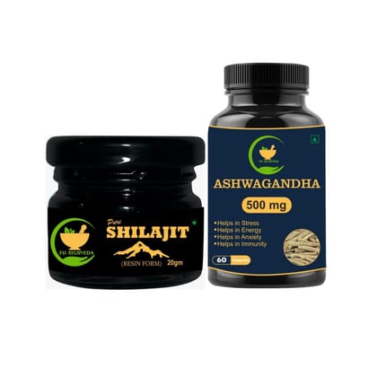 FIJ AYURVEDA Pure Shilajit/Shilajeet Resin 20Gm with Ashwagandha Capsule � 60 Capsules (Combo Pack)