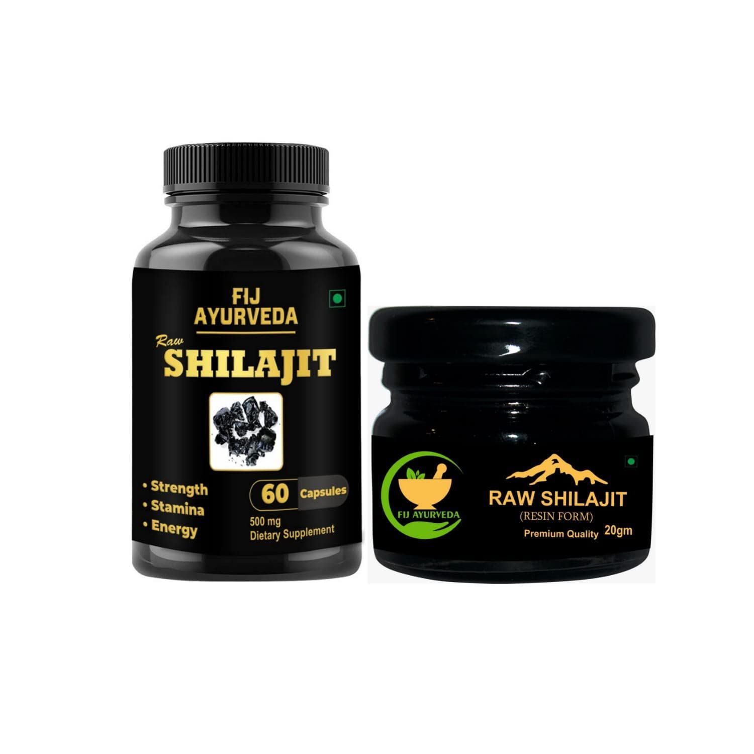 FIJ AYURVEDA Shilajit 60 Capsule with Raw Shilajit/Shilajeet Resin - 20Gm (Combo Pack)