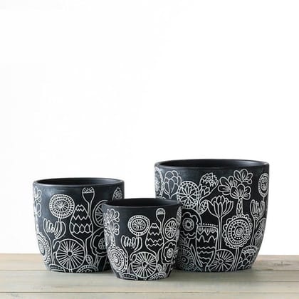 HomifyArt Handmade Ceramic Planter Pots, Hand Painted Floral Design, Set of 3, for Indoor and Outdoor Use | Decorative | (3, Black)