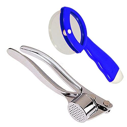 GLOBAL IMPEX Combo of Stainless Garlic Crusher and Steel Pizza Cutter with Comfortable Plastic Handle for Kitchen Blue Pizza Cutter & Garlic Crusher (Pack of 2)