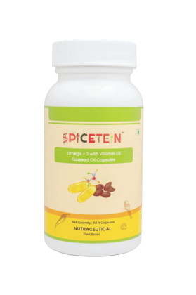 Spicetein Omega 3 with Vitamin D3 & Vitamin E Flaxseed Oil Capsules - 60 N Veg No Gelatine Capsules