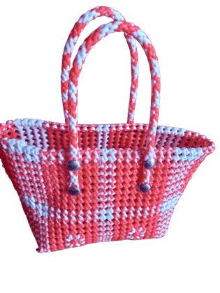 Orange and White Handwoven Plastic Wire Bag