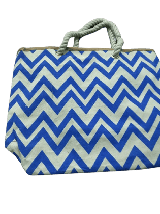 Blue and White Striped Canvas Tote Bag with Rope Handles