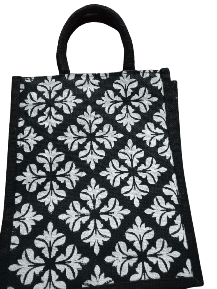 Black and White Floral Jute Tote Bag