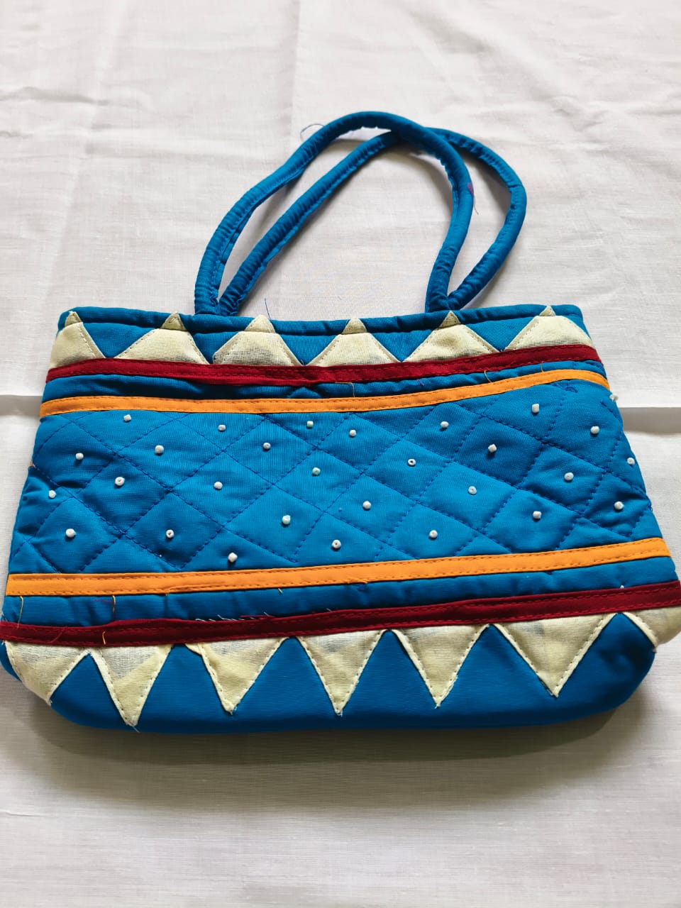 Handmade Beaded Blue Cotton Tote Bag