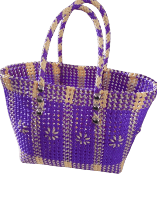 Purple and White Handwoven Plastic Tote Bag