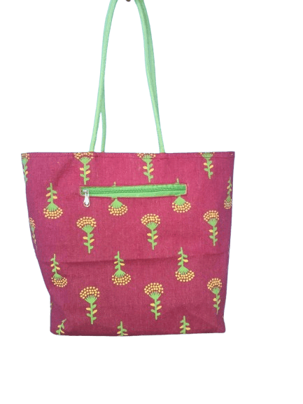 Maroon Cotton Printed Tote Bag with Zipper Closure