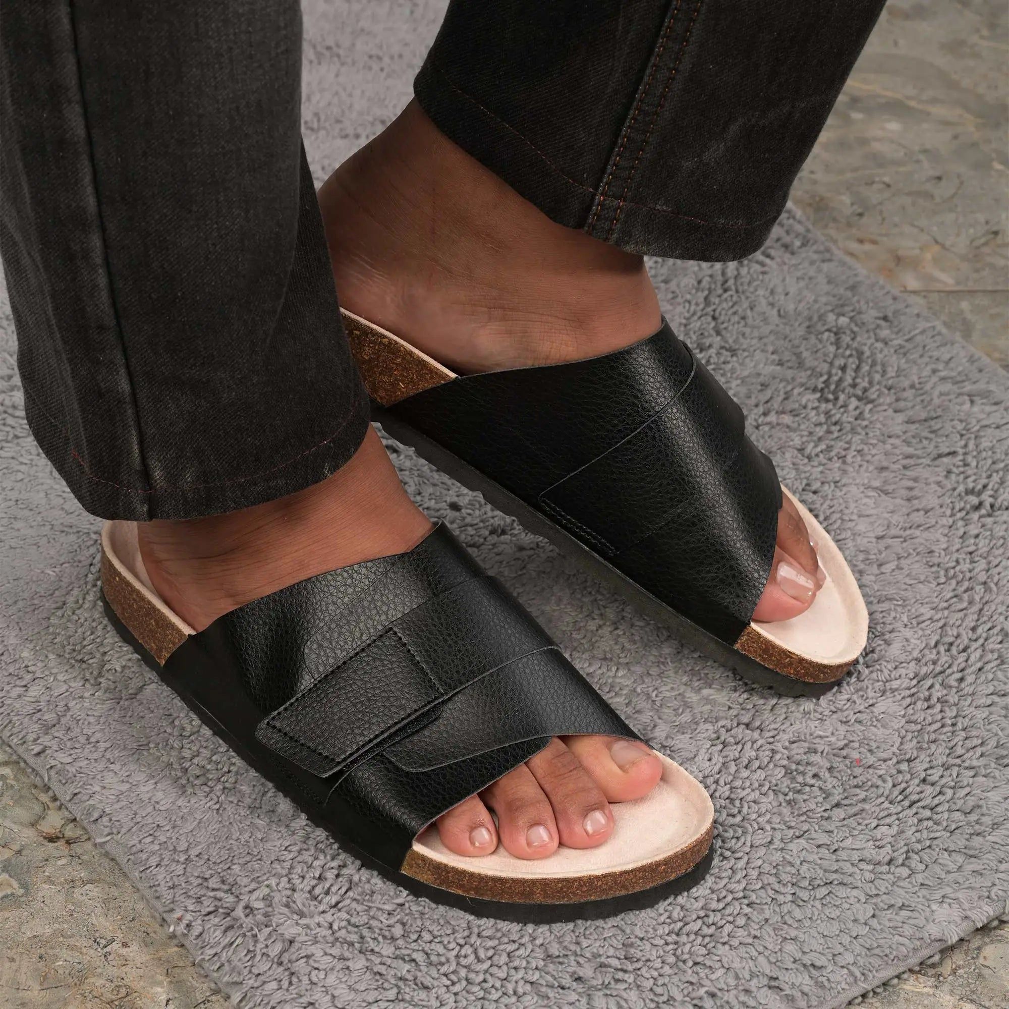 Double Layered Black Cork Sandals (Men)