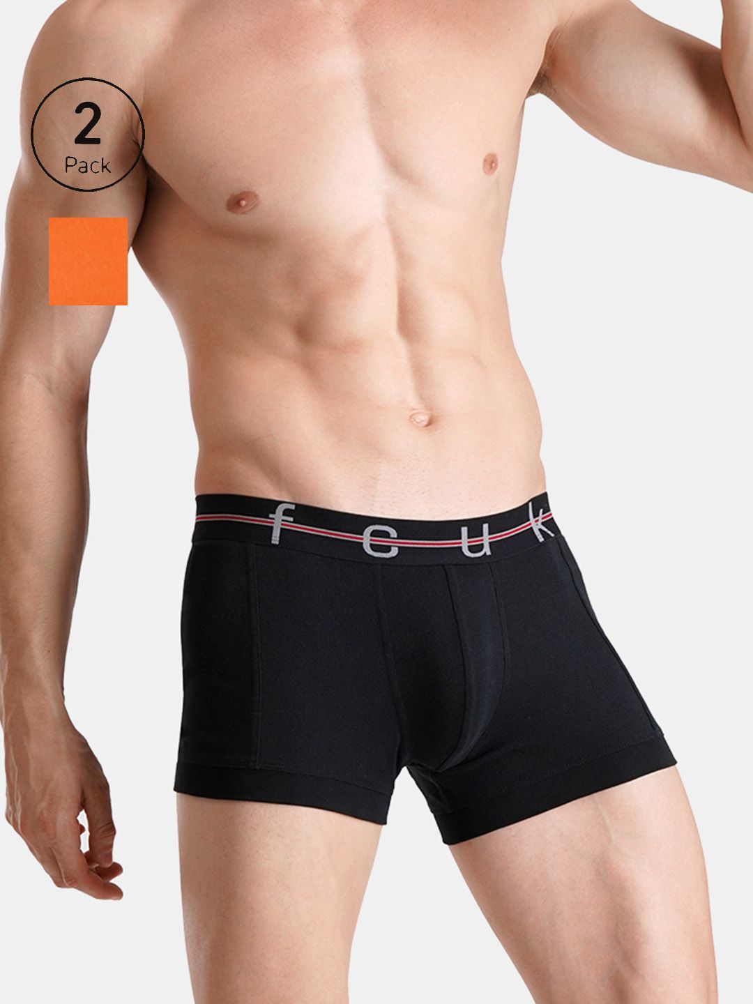 FCUK Play Norwood, Men's Solid Trunks Pack of 2-Black-Orange