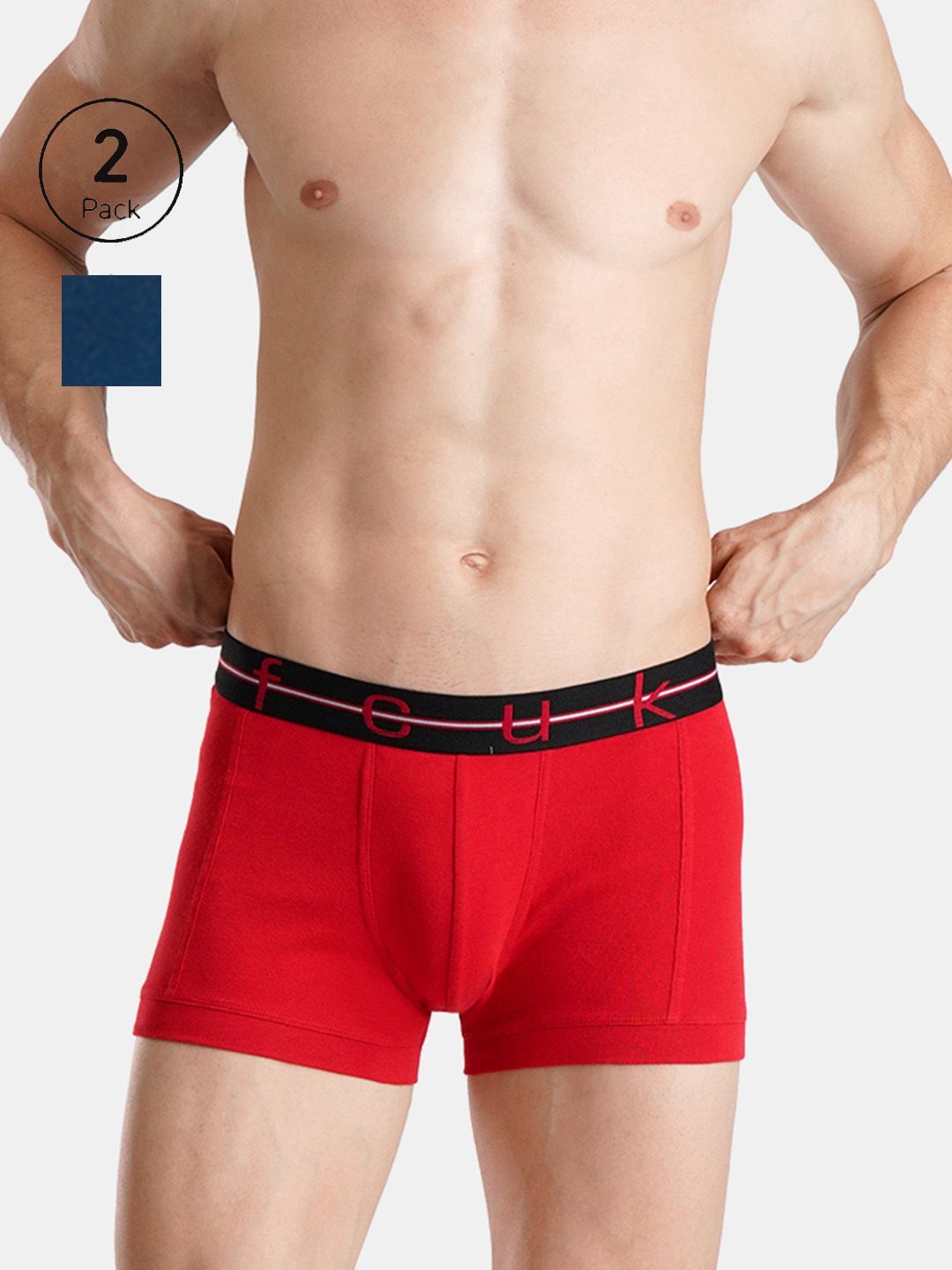 FCUK Play Norwood, Men's Solid Trunks Pack of 2-Red-Navy