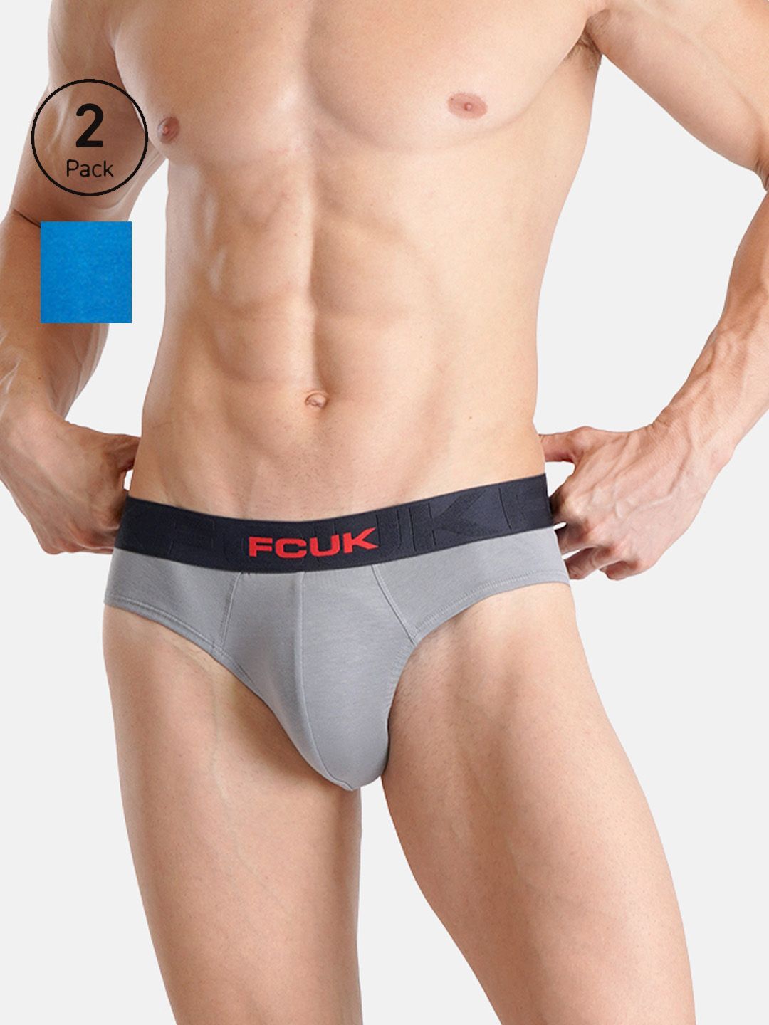 FCUK Flex Archway, Men's Solid Briefs Pack of 2-Blue-Gray