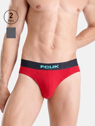 FCUK Flex Archway, Men's Solid Briefs Pack of 2-Red-Gray