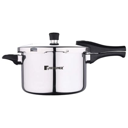 Bergner Argent Elements Triply Stainless Steel 5.5 L Outer Lid Pressure Cooker, Triply Bottom Pressure Cooker, Safety Gasket and GRS, Mirror Finish, Induction Bottom and Gas Ready - Silver