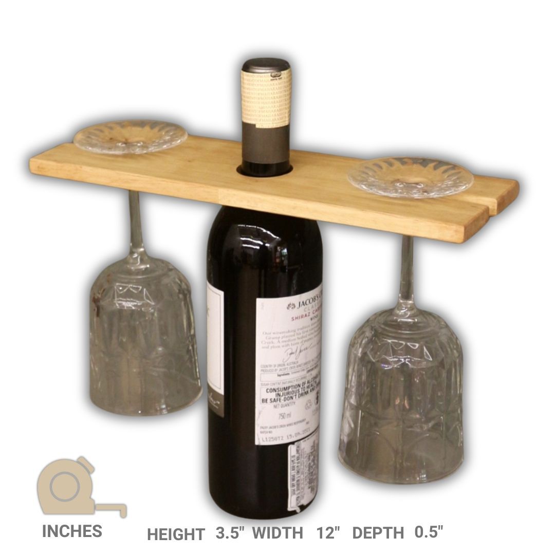 BARISH - Wine & Glass Holder | Handcrafted with Rubberwood | Holds Wine Bottle and Two Glasses I 3.5 x 12 x 0.5 Inches