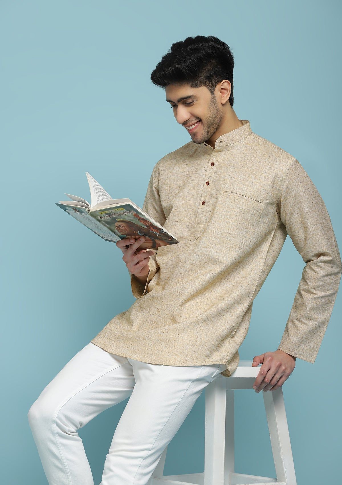 Poly Cotton Solid Men's Short Kurta - Beige