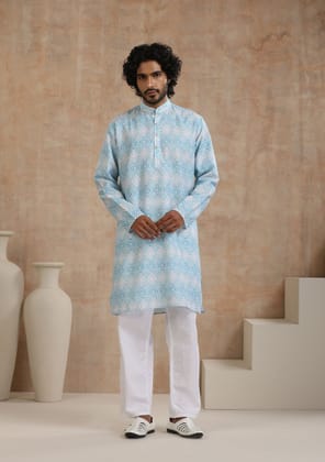 Poly Cotton Printed Men's Long Kurta - Blue