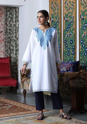 HOC Crafts Aari Embroidered Cotton Solid Women's Long Kurta - White