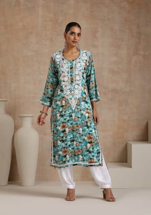 Rayon Chikankari Printed Women's Long Kurta - Blue