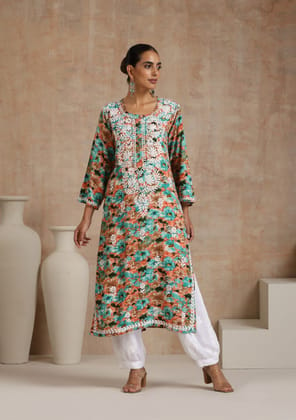 Rayon Chikankari Printed Women's Long Kurta - Multicolor