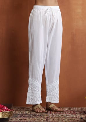 Cotton Chikankari Solid Women's Pants With Lace - White