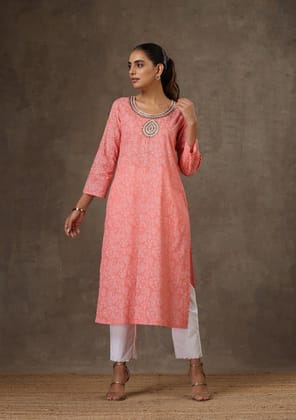 HOC Crafts Cotton Hand Embroidered Printed Women's Long Kurta - Peach