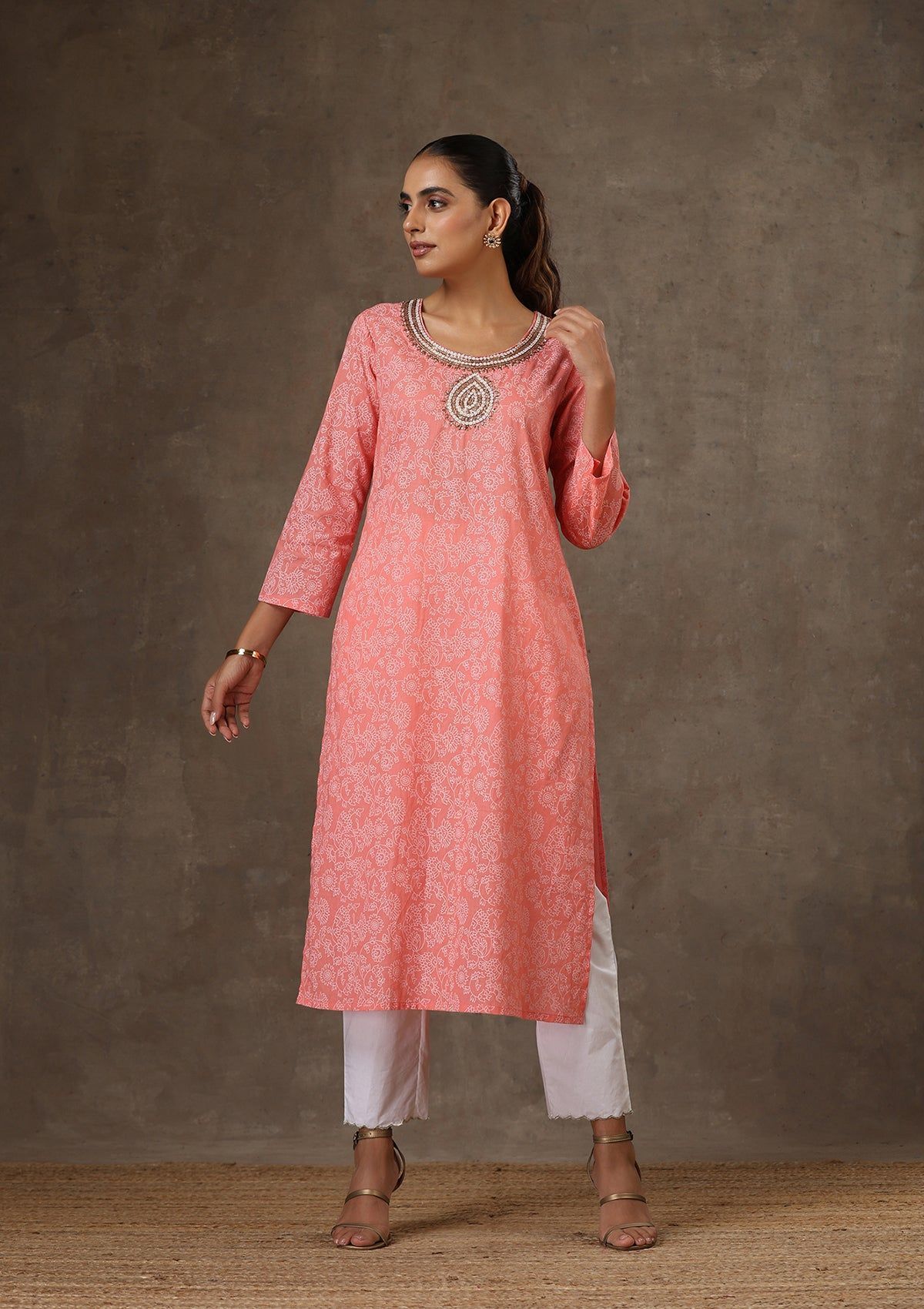 HOC Crafts Cotton Hand Embroidered Printed Women's Long Kurta - Peach