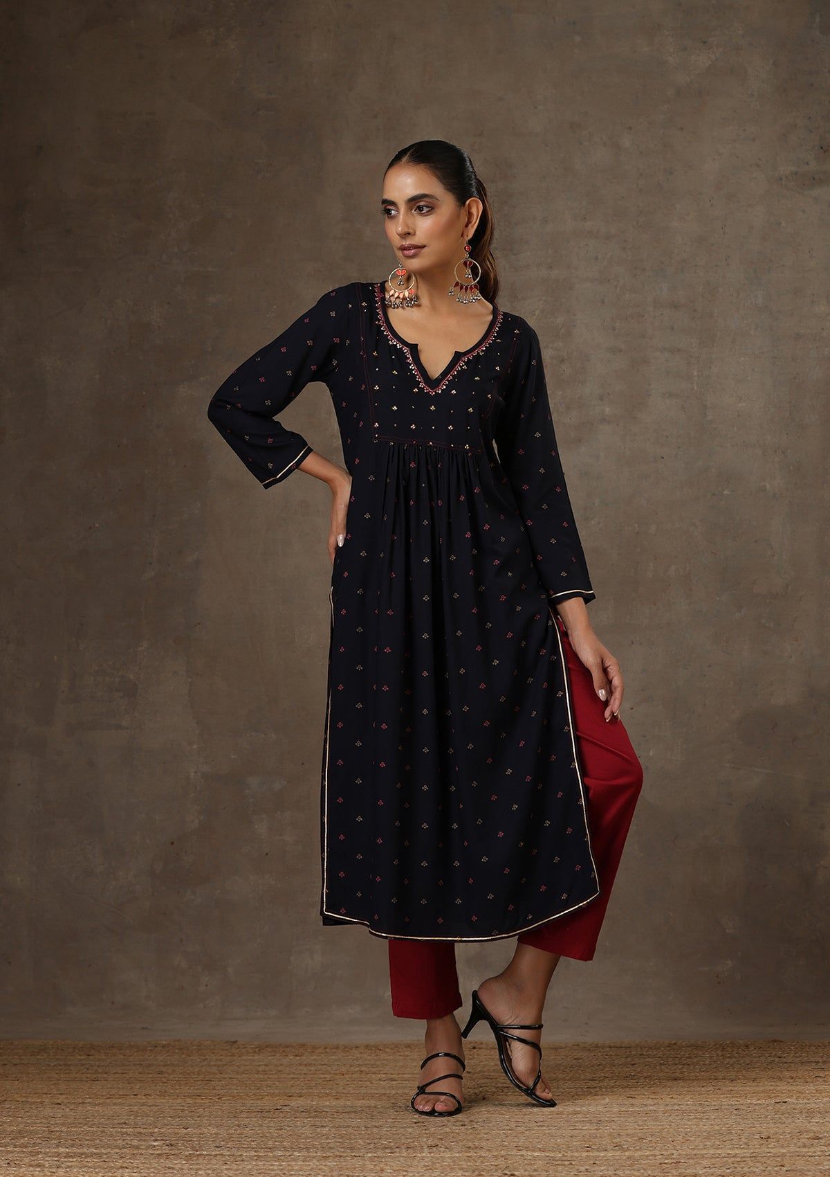 HOC Crafts Rayon Hand Embroidered Printed Women's Long Kurta - Navy Blue