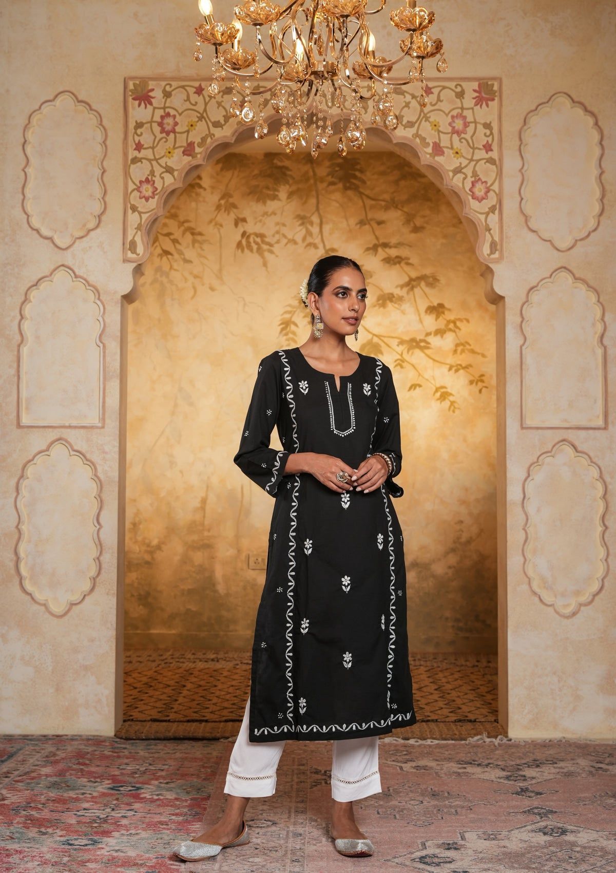 Cotton Chikankari Solid Women's Long Kurta - Black