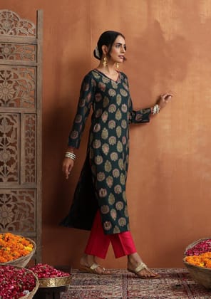 HOC Crafts Rayon Hand Embroidered Printed Women's Long Kurta - Green