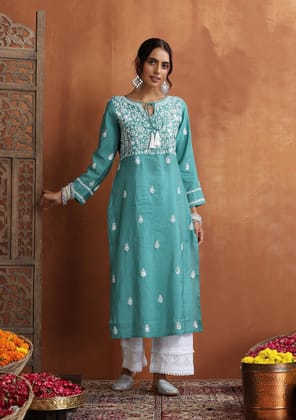 Chanderi Chikankari Solid Women's Long Kurta - Green