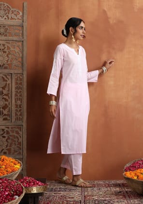 Cotton Chikankari Solid Women's 2 PC Long Kurta Set - Pink