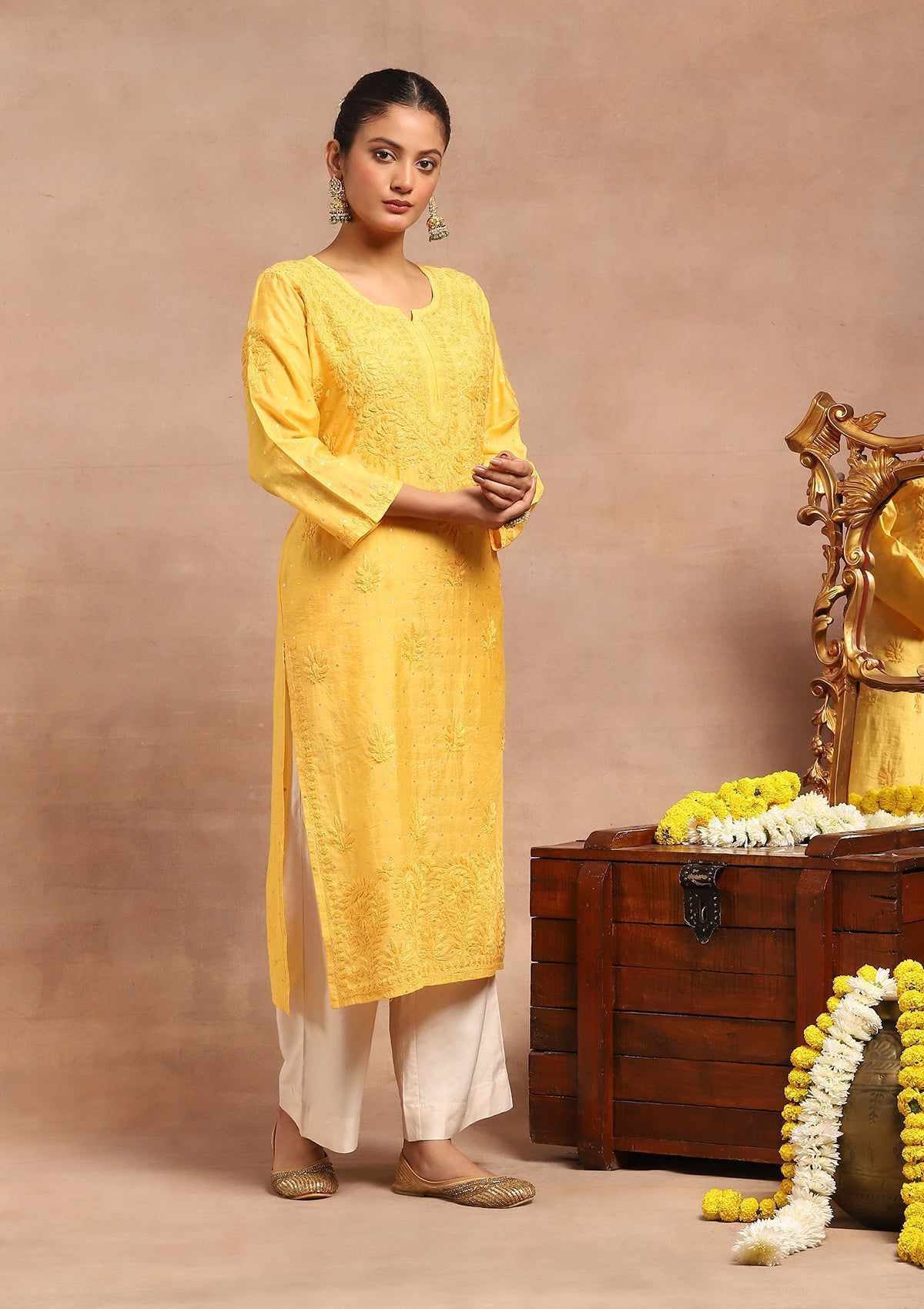 Chanderi  Chikankari Solid Women's Long Kurta- Yellow