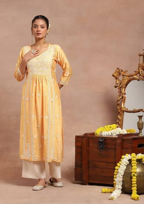 Chanderi Chikankari Solid Women's Long Kurta- Yellow