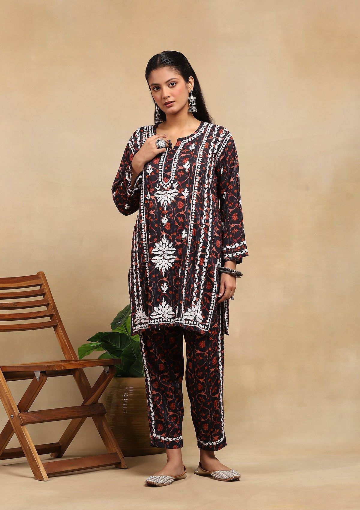 Cotton Chikankari Printed Women's 2PC Short Kurta Set - Black