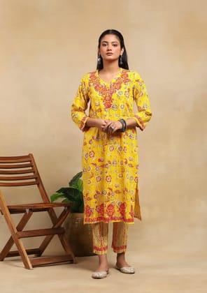 Cotton Chikankari Printed Women's 2 PC Long Kurta Set - Yellow